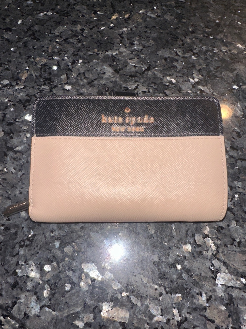 kate spade Black and Beige Zip-Around Compact Wallet
